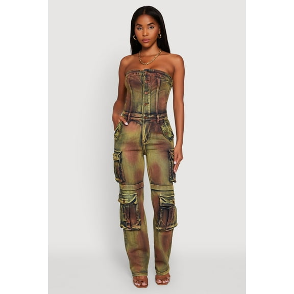 Womens Tie Dye Acid Wash Denim Utility Tube Jumpsuit