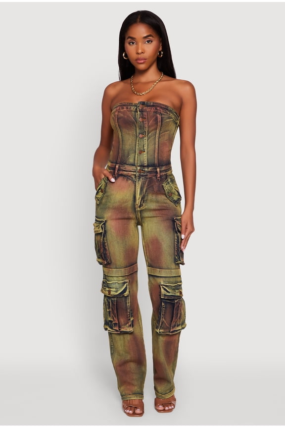 Womens Tie Dye Acid Wash Denim Utility Tube Jumpsuit