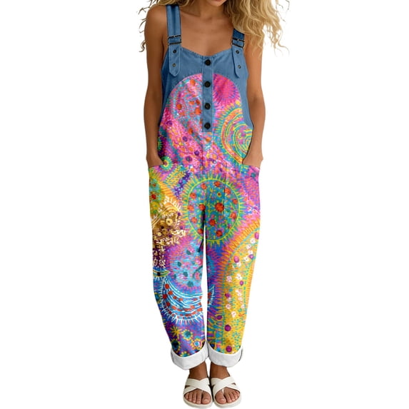 Womens Tie Dye Bib Overalls, Denim Straps Loose Fit Jumpsuit, Bohemian Casual Pants with Pockets for Vacation
