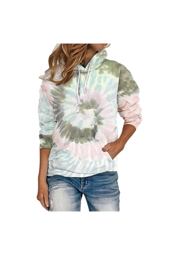 Womens Tie Dye&Floral Print Hoodie Sweatshirts Casual Long Sleeve Drawstring Tunic Tops Pocket Pullover