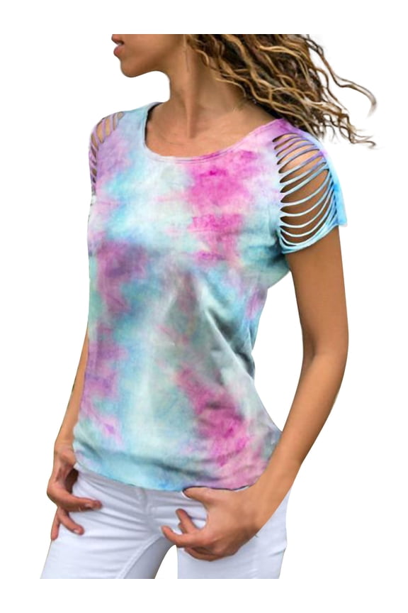 Womens Tie Dye Printed Ripped Cut Out Short Sleeve Stretch Casual Loose Tops T-shirts, Blue+red, Large