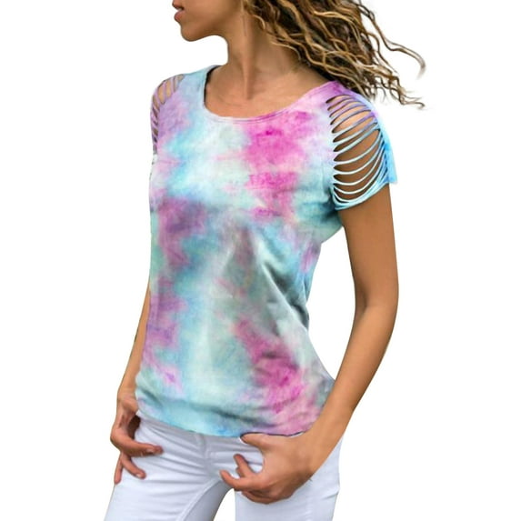 Womens Tie Dye Printed Ripped Cut Out Short Sleeve Stretch Casual Loose Tops T-shirts, Blue+red, XX-Large