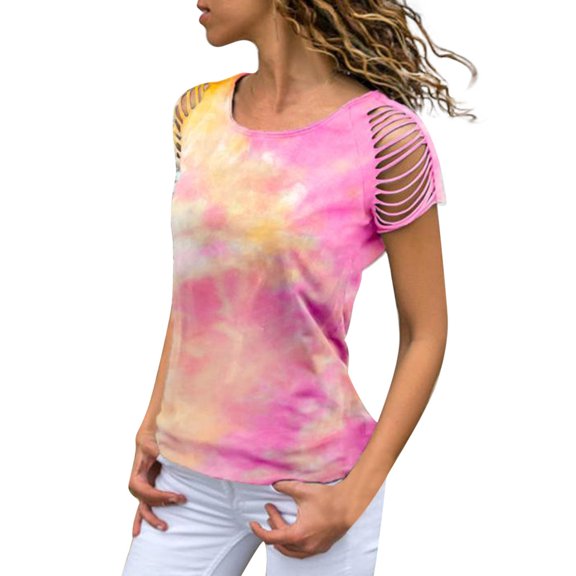 Womens Tie Dye Printed Ripped Cut Out Short Sleeve Stretch Casual Loose Tops T-shirts, Pink, Small