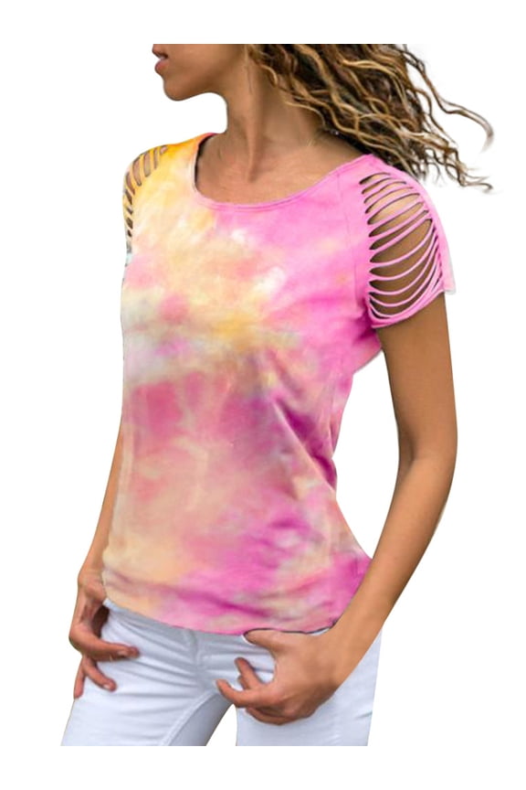Womens Tie Dye Printed Ripped Cut Out Short Sleeve Stretch Casual Loose Tops T-shirts, Pink, XX-Large