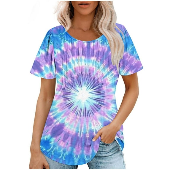 Womens Tie-Dye T Shirts Summer Fashion Tunic Tops for Leggings Colorful Round Neck Short Sleeve Tee
