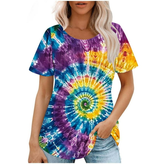 Womens Tie-Dye T Shirts Summer Fashion Tunic Tops for Leggings Colorful Round Neck Short Sleeve Tee