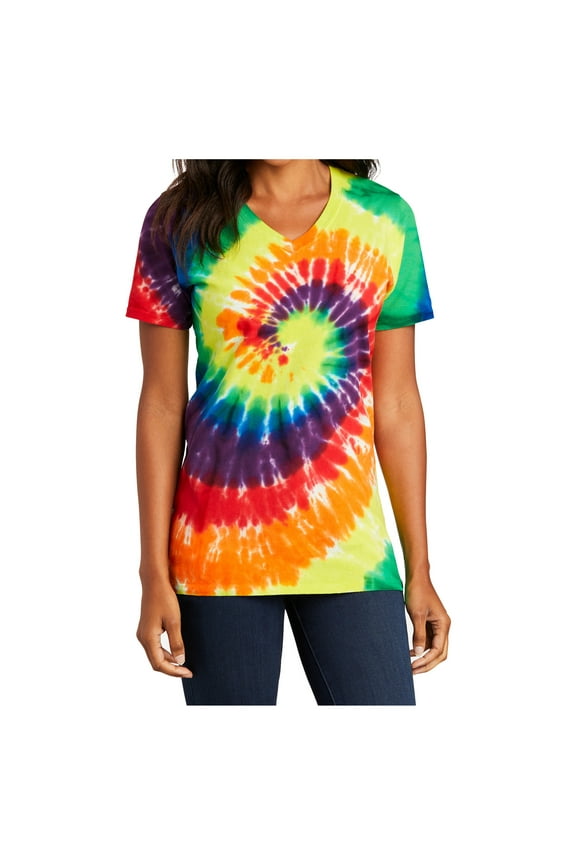 Womens Tie-Dye V-Neck Cotton Tee Rainbow 2X-Large