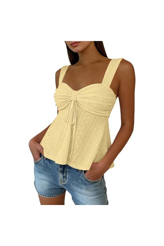 Womens Tie Front Blouse Ruched Sleeveless Top with Drawstring Detail Casual Going Out Shirt Yellow
