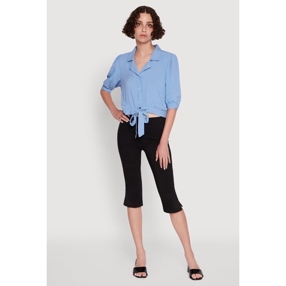 Womens Tie Front Bubble Sleeve Cropped Blouse