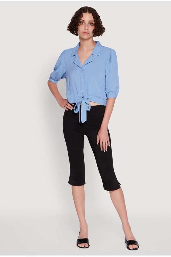 Womens Tie Front Bubble Sleeve Cropped Blouse