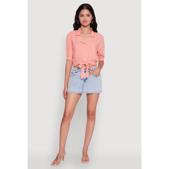 Womens Tie Front Bubble Sleeve Cropped Blouse