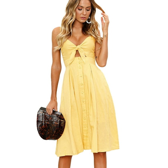 Womens Tie Front Button Down Spaghetti Strap Midi Dress - S