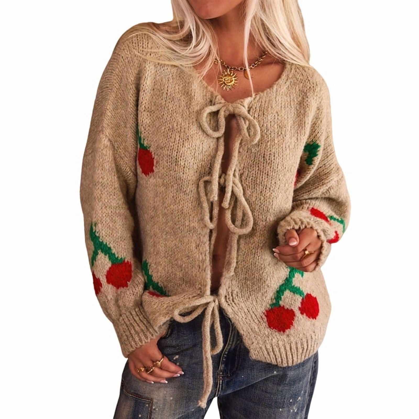 Womens Tie Front Cardigan Cute Cherry Open Front Y2k Sweater