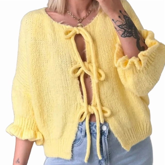 Womens Tie Front Cardigan Sweaters Light-Weight Knit Ruffle Half Sleeve 2025 Trendy Jacket Yellow L