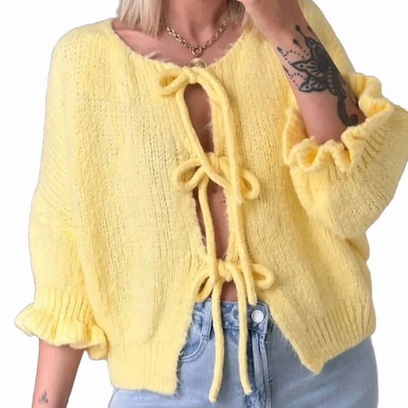 Womens Tie Front Cardigan Sweaters Light-Weight Knit Ruffle Half Sleeve 2025 Trendy Jacket Yellow L