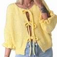 thumbnail image 1 of Womens Tie Front Cardigan Sweaters Light-Weight Knit Ruffle Half Sleeve 2025 Trendy Jacket Yellow M, 1 of 8