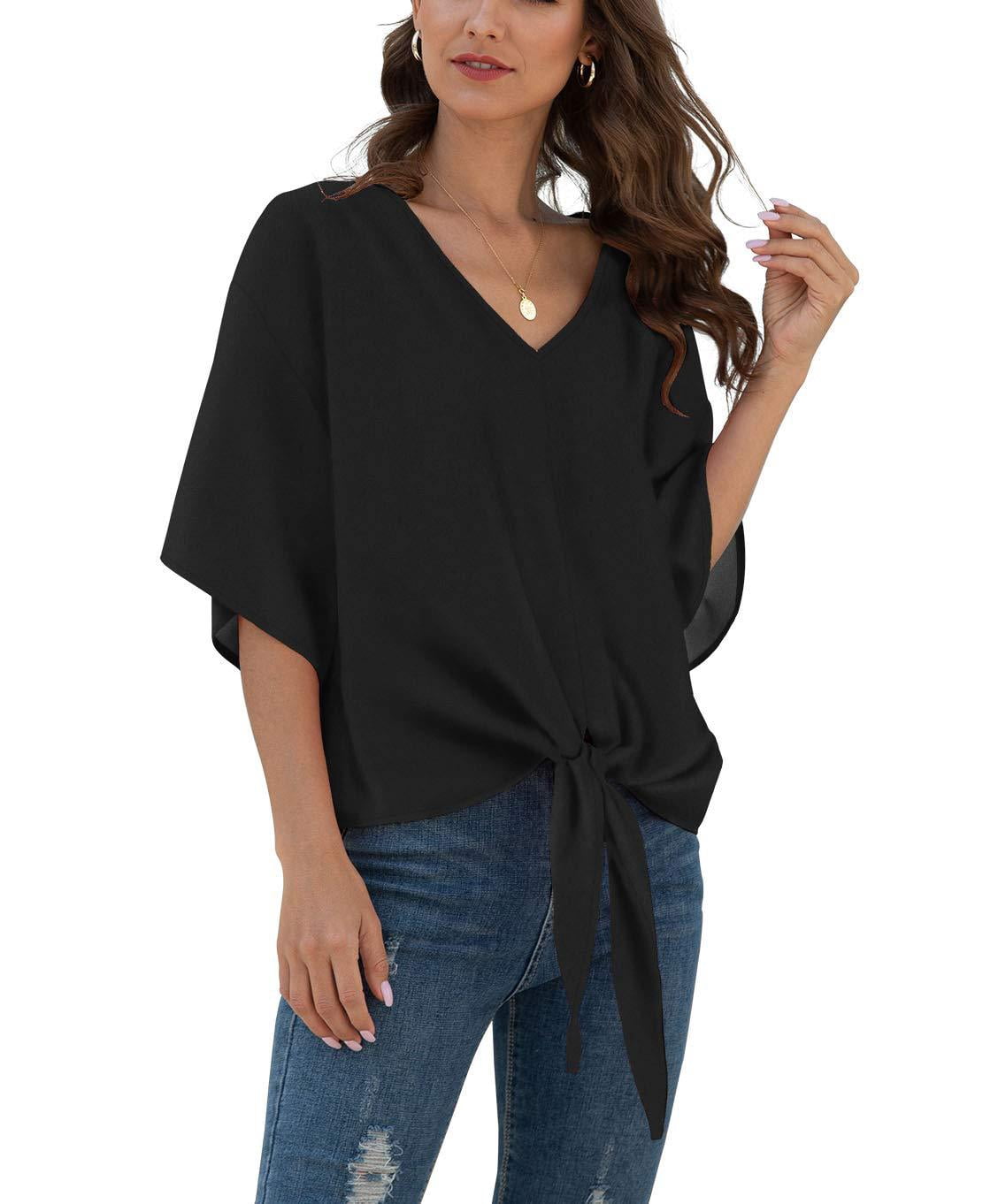 Womens Tie Front Chiffon Blouses V Neck Batwing Short Sleeve Summer