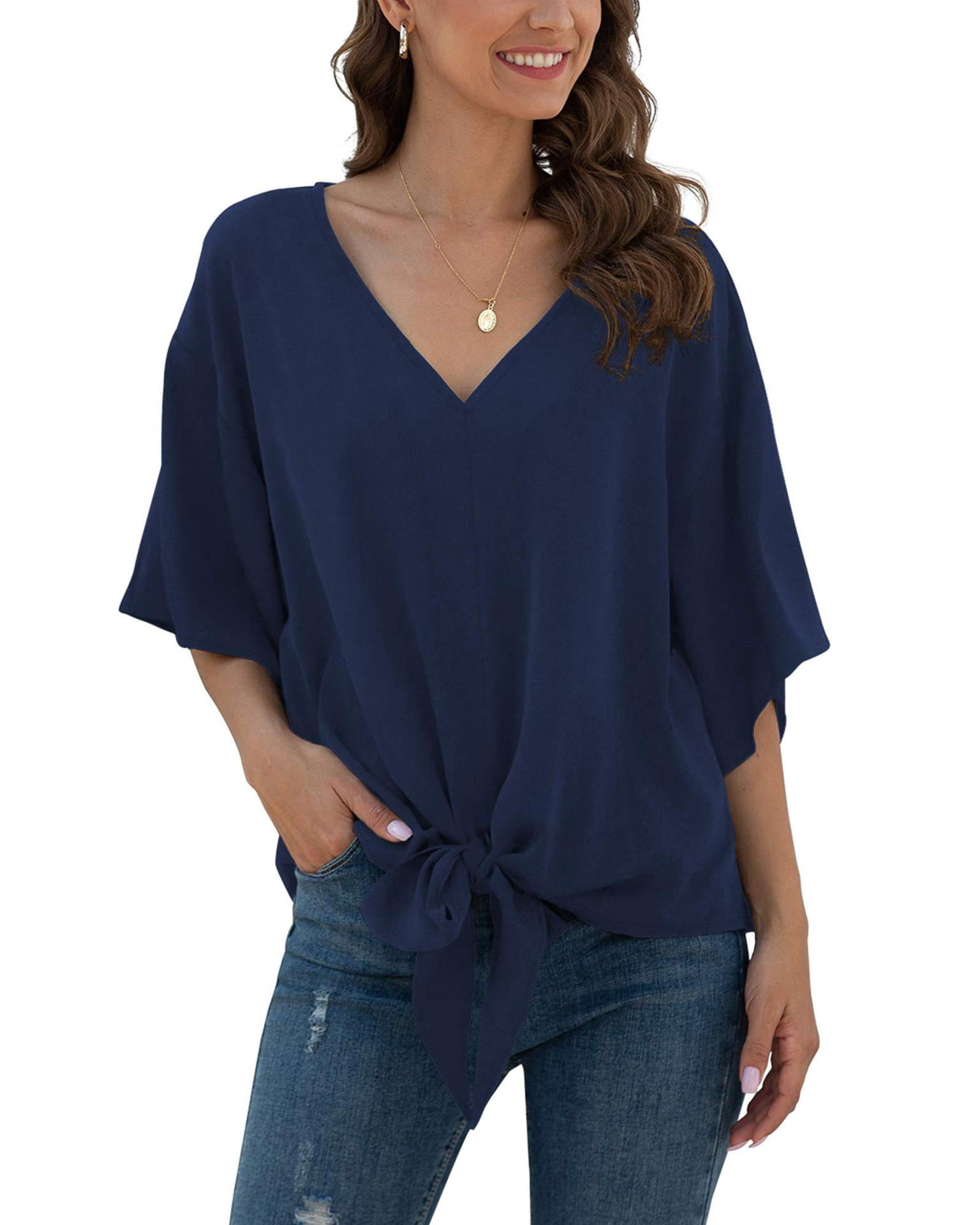 Womens Tie Front Chiffon Blouses V Neck Batwing Short Sleeve Summer