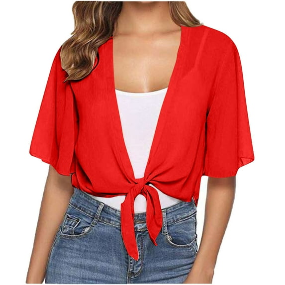 Womens Tie Front Chiffon Shrug,Sriper Bell Sleeve Summer Cropped Bolero Cardigan,Solid V Neck Floral T Shirt,Plus Size Work Tops Business Casual,Beach Vacation Blouses,Ropa Mujer, Red L