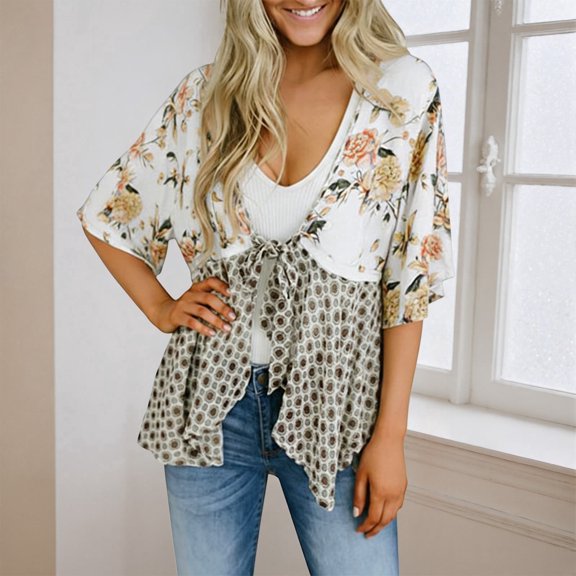 Wxxbbeixxx Womens Tie Front Kimono Cardigans Floral Lightweight Ruffle 3/4 Sleeve Boho Flowy Beach Cover Ups White XXL