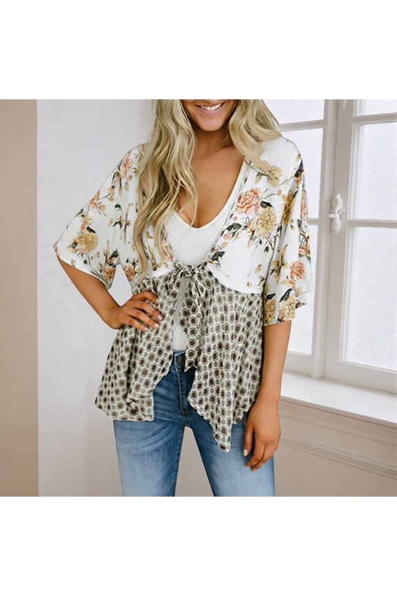 Womens Tie Front Kimono Cardigans Floral Lightweight Ruffle 3/4 Sleeve Boho Flowy Beach Cover Ups White XXL