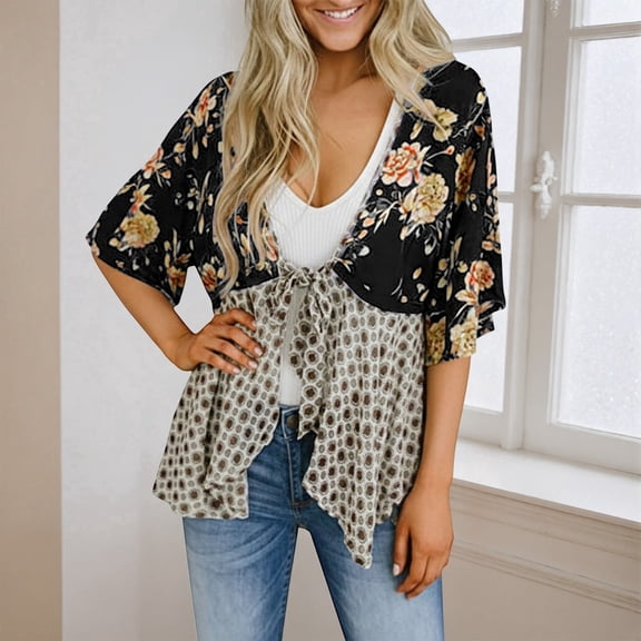 Wxxbbeixxx Womens Tie Front Kimono Cardigans Floral Lightweight Ruffle 3/4 Sleeve Boho Flowy Beach Cover Ups Black XL