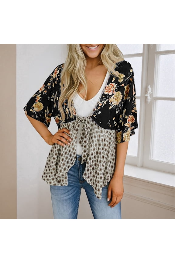 Womens Tie Front Kimono Cardigans Floral Lightweight Ruffle 3/4 Sleeve Boho Flowy Beach Cover Ups Black XL