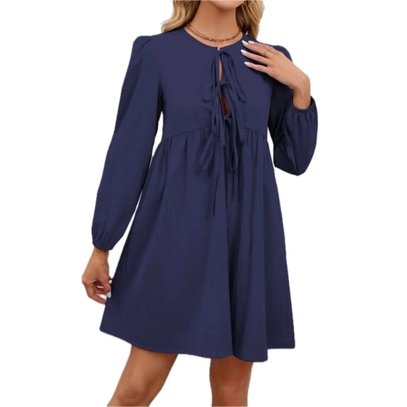 Womens Tie Front Long Sleeve Mini Dress 100% Polyester Ruched Bodice Not Lined Lightweight Everyday Wear Party Ready