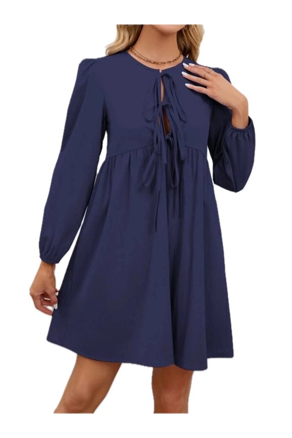 Womens Tie Front Long Sleeve Mini Dress 100% Polyester Ruched Bodice Not Lined Lightweight Everyday Wear Party Ready