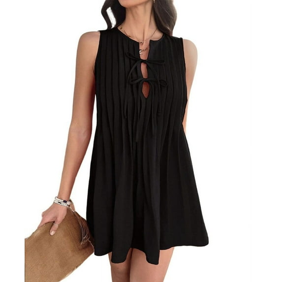 Womens Tie Front Mini Dress Summer Sleeveless Pleated Casual Loose Babydoll Dresses Black S
