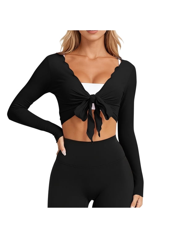 Womens Tie Front Pilates Wrap Top Long Sleeve Workout Cropped Cardigan Yoga Ballet Bolero Shrug,Ladies Solid Color Open-front Comfortable Cover-up Sports Casual Top Jacket