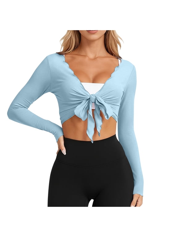 Womens Tie Front Pilates Wrap Top Long Sleeve Workout Cropped Cardigan Yoga Ballet Bolero Shrug,Ladies Solid Color Open-front Comfortable Cover-up Sports Casual Top Jacket