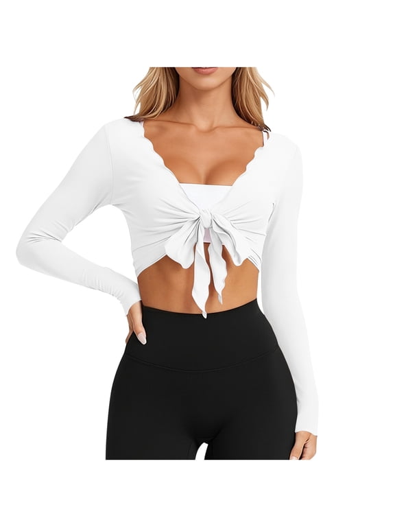 Womens Tie Front Pilates Wrap Top Long Sleeve Workout Cropped Cardigan Yoga Ballet Bolero Shrug,Ladies Solid Color Open-front Comfortable Cover-up Sports Casual Top Jacket