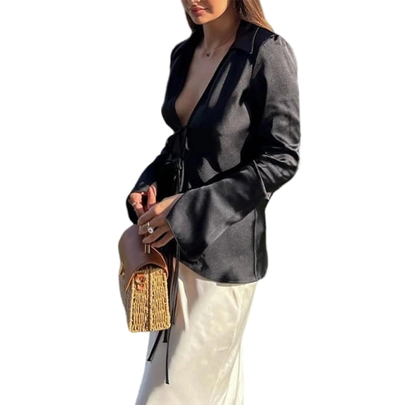 Womens Tie Front Satin Shirts Deep V Neck Silk Club Tops Long Sleeve Y2k Going Out Blouse Black L