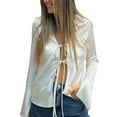 thumbnail image 1 of Womens Tie Front Satin Shirts Deep V Neck Silk Club Tops Long Sleeve Y2k Going Out Blouse White XS, 1 of 9