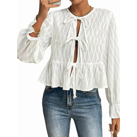 Womens Tie Front Tops Babydoll Puff Long Sleeve Blouse Y2k Shirt White S