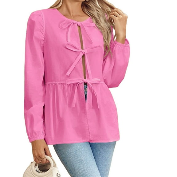 Womens Tie Front Tops Blouses Long Puff Sleeve Peplum Babydoll Bow Shirt Summer Coquette Tops