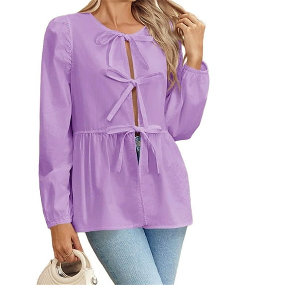 Womens Tie Front Tops Blouses Long Puff Sleeve Peplum Babydoll Bow Shirt Summer Coquette Tops