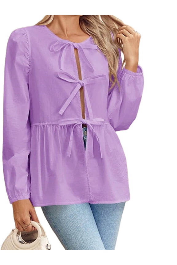 Womens Tie Front Tops Blouses Long Puff Sleeve Peplum Babydoll Bow Shirt Summer Coquette Tops