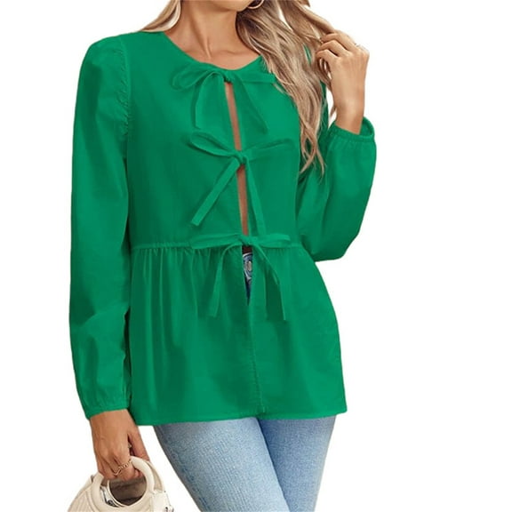 Womens Tie Front Tops Blouses Long Puff Sleeve Peplum Babydoll Bow Shirt Summer Coquette Tops