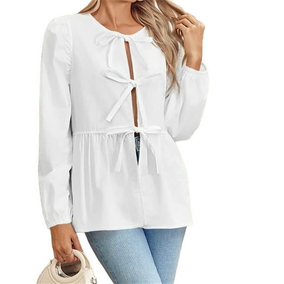 Womens Tie Front Tops Blouses Long Puff Sleeve Peplum Babydoll Bow Shirt Summer Coquette Tops