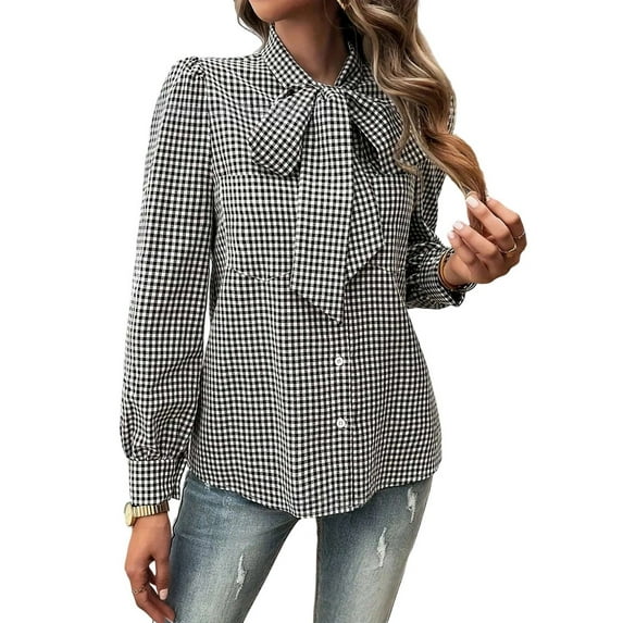 Womens Tie Neck Long Sleeve Shirts Casual Work Blouses Tops Black XL