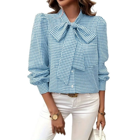 Womens Tie Neck Long Sleeve Shirts Casual Work Blouses Tops Blue L