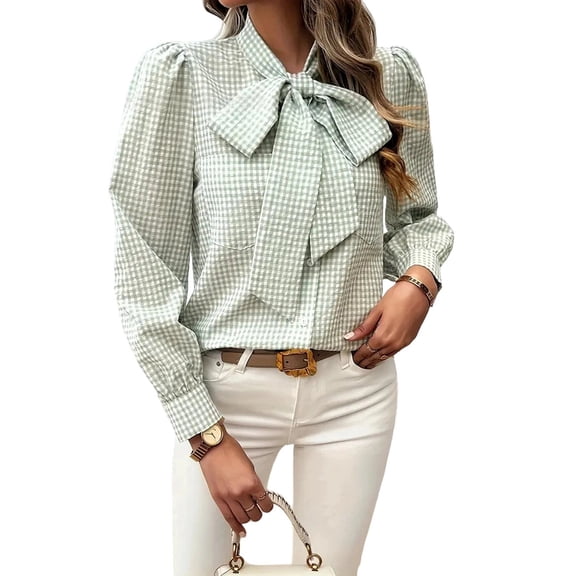 Womens Tie Neck Long Sleeve Shirts Casual Work Blouses Tops Green L