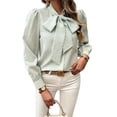 thumbnail image 1 of Womens Tie Neck Long Sleeve Shirts Casual Work Blouses Tops Green XXL, 1 of 9