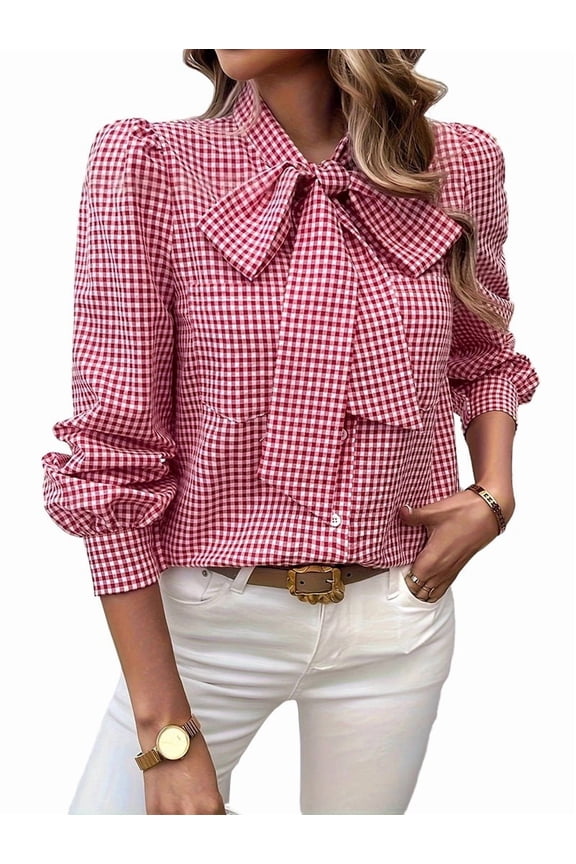 Womens Tie Neck Long Sleeve Shirts Casual Work Blouses Tops Red S