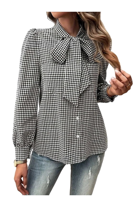 Womens Tie Neck Long Sleeve Shirts Casual Work Blouses Tops