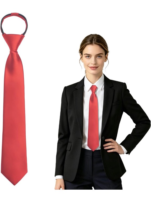 Womens Tie, Pre Tied Black Ties for Women, Adjustable Zipper Necktie for Girls Boys, Skinny Tie for