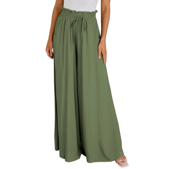 Womens Tie Waist Wide Leg Summer Pants with Drapery Casual Trousers Comfortable and Chic Wear Army Green M