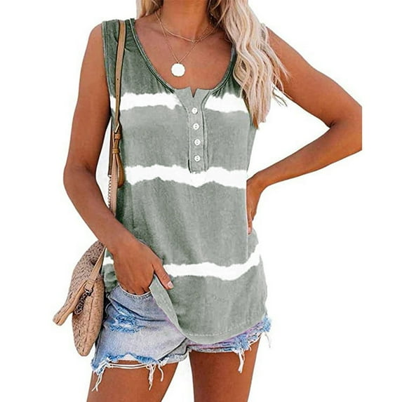 Womens Tie-dye Sleeveless Tank Tops Summer Loose T Shirts Button Down Shirts Vest Blouse Plus Size